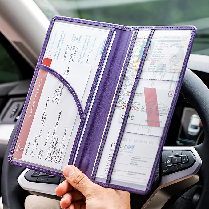 CANOPUS Car Registration and Insurance Holder, PU Leather Card Holder, Vehicle Glove Box Organizer for Auto, SUV, Truck, Purple
