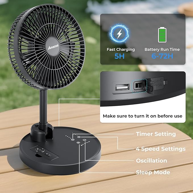 AMACOOL 10'' Foldable Oscillating Fan, 20000mAh Battery Operated with Remote & Timer, Height Adjustable Portable Standing Fan, Quiet USB Output for Camping RV Picnic Home Office Outdoor