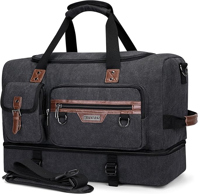 WITZMAN Canvas Weekender Bag Mens Overnight Bag for Traveling Carry on Duffle Bags with Shoes Compartment（A8010 Black）