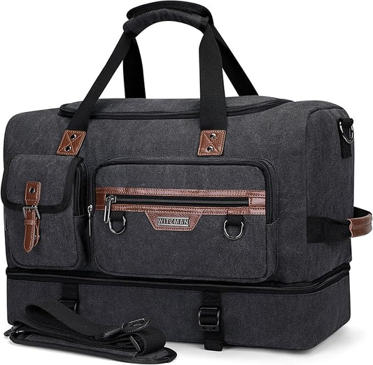 WITZMAN Canvas Weekender Bag Mens Overnight Bag for Traveling Carry on Duffle Bags with Shoes Compartment（A8010 Classic Black）