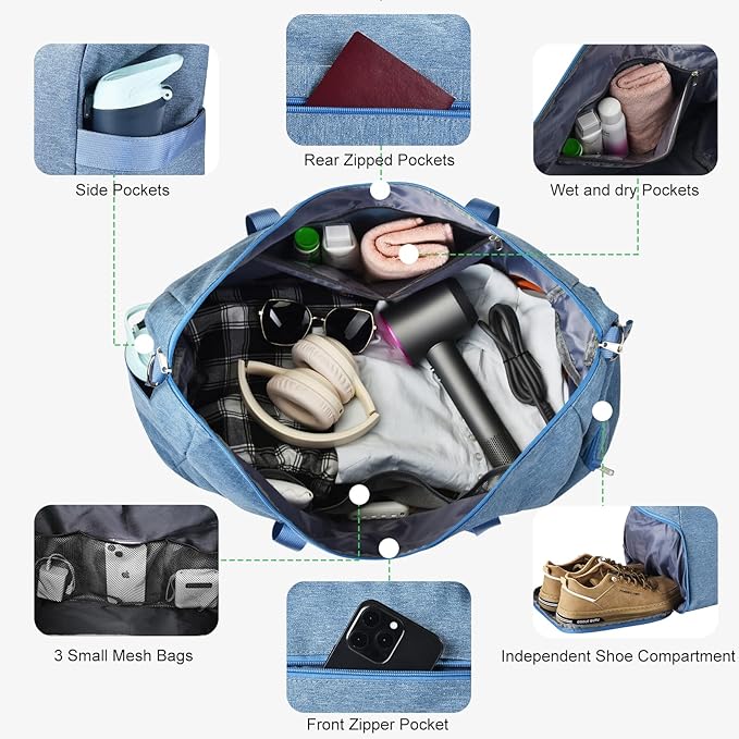 For Spirit Airlines Personal Item Bag 18x14x8, Foldable Small Travel Duffel Bags Gym Duffle Weekender Overnight Carry on Luggage Bag with Wet Pocket & Shoe Compartment for Women Men(Blue, 30L)