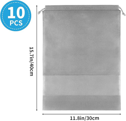 Large Gray Travel Shoe Bags - 10 Pcs with Clear Window, Non-Woven Drawstring, 12.6" X 17.3" for Men Women