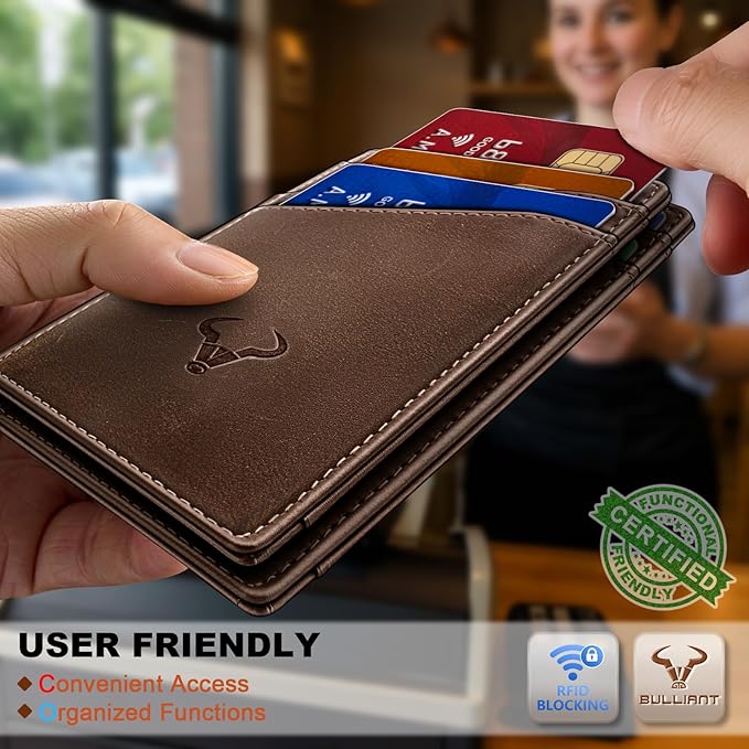 BULLIANT Men Wallet,Top Grain Leather Slim Wallet Magnetic Closure Simplifed Bill Folder RFID Blocking 11Cards