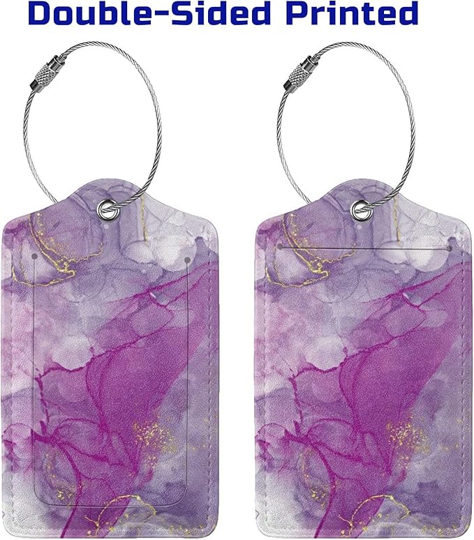 2 Pack Abstract Purple Luggage Tag for Suitcases Women, Art Painting Violet and Gold Marble PU Leather Airport Travel Bag Tags for Cruise Ships, Baggage Name Tags with with Full Back Privacy Cover