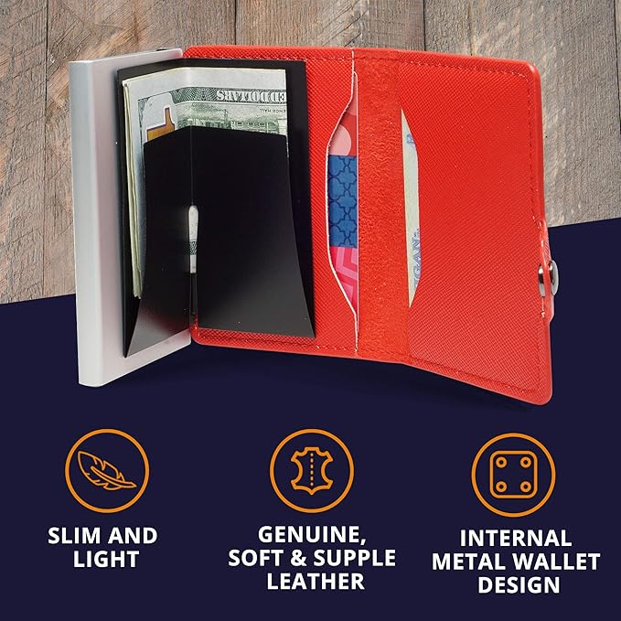 Womens Slim Wallet for Small Purses, Pop Up Wallet with Anti Theft RFID Blocking Credit Card Holder for Women in Red PU Saffiano