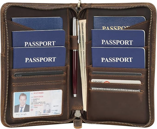 Polare Full Grain Leather Passport Holder Cover Case for Men and Women RFID Blocking Family Travel Wallet Holds 6 Passports