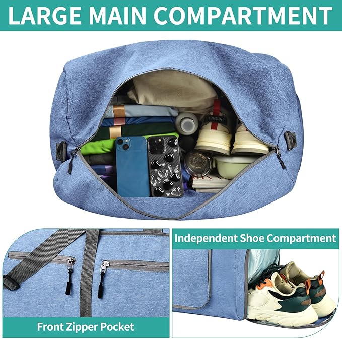 Dimayar 65L Travel Duffle Bag for Men Women - Foldable Duffel Bag with Shoes Compartment - Overnight Bags Waterproof & Tear Resistant(Blue)