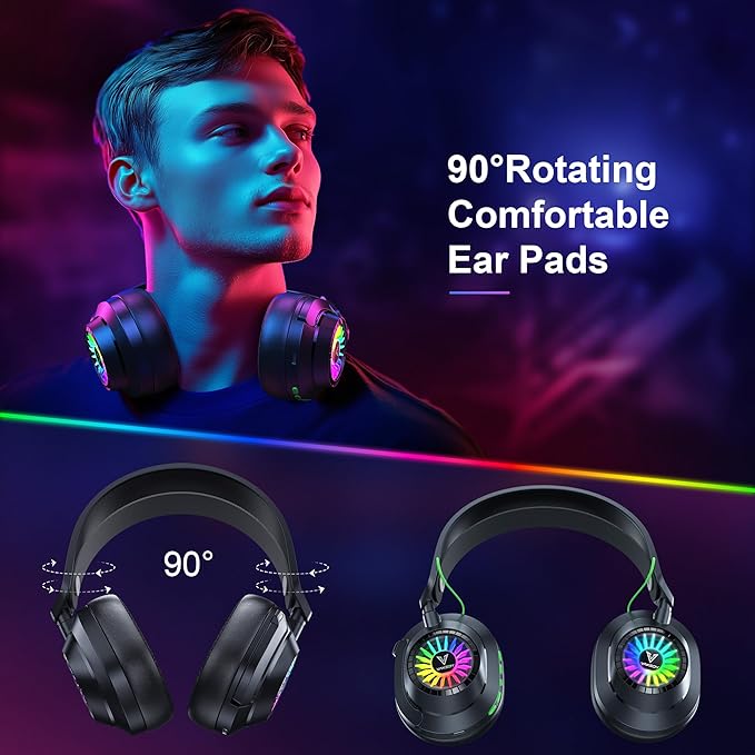 Vakedy HW10 Wireless Gaming Headset for PS5,PS4,PC,2.4GHz Bluetooth Over Ear Headphones with Noise Cancelling Microphone,50Hr Battery Gamer Headsets for Switch, Laptop,Mobile,Mac,Cool RGB (Black)