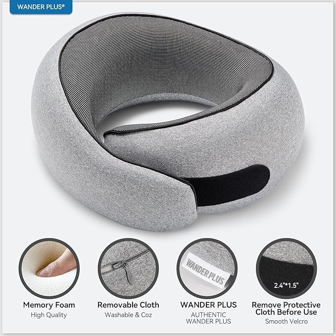 WANDER PLUS® Travel Neck Pillow, Pure Memory Foam Neck Pillow for Airplanes, Comfortable Breathable Cover, 360 Degree Support Ergonomic Design Best for Sleeping Plane Train Travel Essentials Max Pink