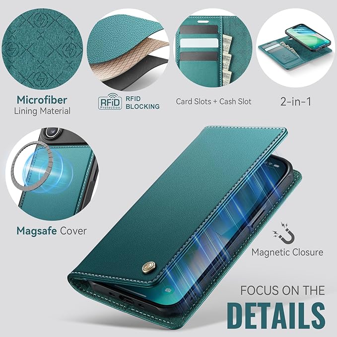 PlusnapX Wallet Case for iPhone Air Compatible with Magsafe, 2-in-1 PU Leather Flip RFID Blocking Card Holder Stand ShockAirof Magnetic Detachable Cover for iPhone 17 Air Case 6.5", Bluegreen