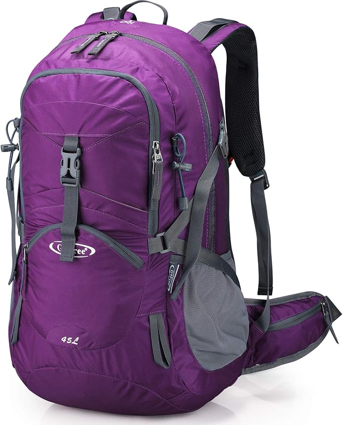 G4Free 45L Hiking Travel Backpack Waterproof with Rain Cover, Outdoor Camping Daypack for Men Women(Purple Red)
