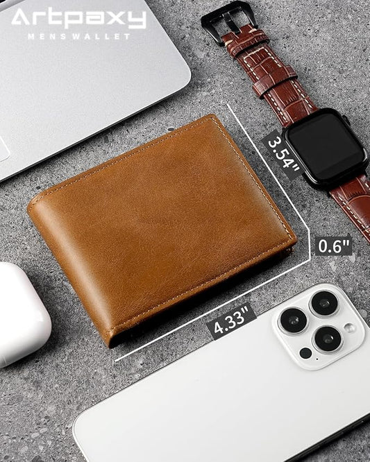 Artpaxy Mens Wallet Genuine Leather Bifold RFID Blocking Wallet for Men with 1 ID Window 13 Card Holders 2 cash pockets 1 Gift Box (Light Brown)