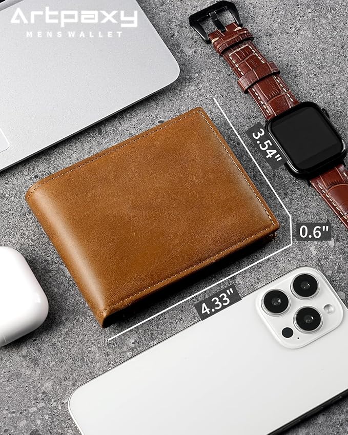 Artpaxy Mens Wallet Bifold Genuine Leather RFID Blocking Wallet for Men with 2 ID Windows 12 Card Holders 2 cash pockets 1 Gift Box
