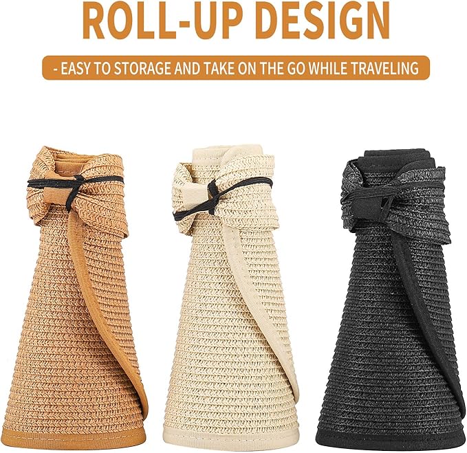 3PCS Foldable Straw Sun Visor Hats for Women, Wide Brim Ponytail Summer Beach Hat, Protect Your Skin Easily