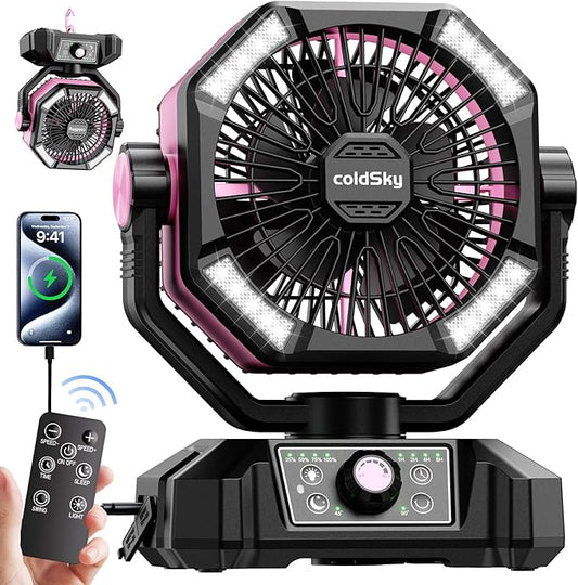 coldSky 𝟮𝟬𝟬𝟬𝟬𝗺𝗔𝗵 Camping Fan with Dual Motor, Battery Operated Fan with 4 LED Lantern, 8 Speeds Desk Fan with Remote, Portable Outdoor Fan with Hook for Tent, Power Outages, Jobsite (Pink)
