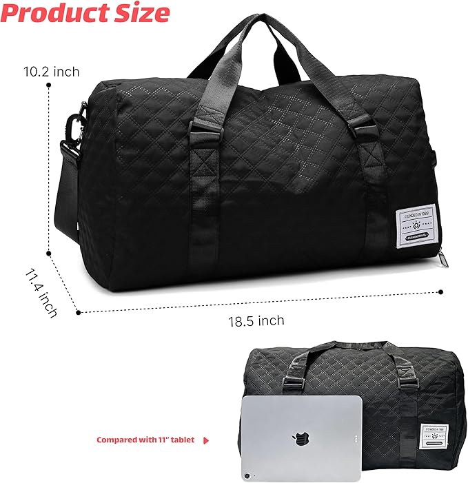 Large Foldable Gym Bag with Shoes Compartment&Wet Pocket,Hospital Bag for Women Labor Delivery,Carry On Overnight,Duffle Bags for Travel,Dance,Cheer,Yoga (Black)