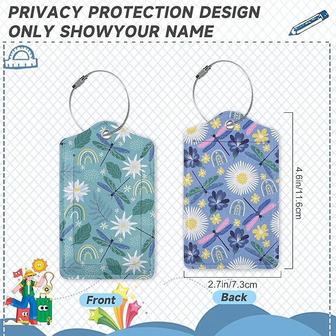 Dragonflies Luggage Tags for Suitcases,2 Pack Rainbows and Flowers Luggage Tag,Leather Stainless Steel Loop Label Tag for Women Men Girls Travel Bag Suitcase
