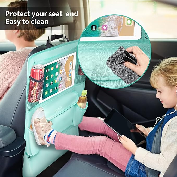 LUCMO Car Backseat Organizer with Touch Screen Tablet Holder,9 Storage Pockets Car Storage Organizer,Protectors Kick Mats Travel Accessories for Kids-Light Blue