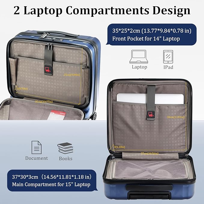 16" Carry On Briefcase Luggage with 2 Laptop Compartments, Lightweight Hardshell Suitcase with Spinner Silent Wheels, for Commute Work Business Trip, Dark Blue