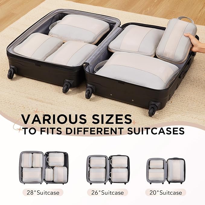 6 Set Compression Packing Cubes for Travel Essentials,Compressible Expandable Packing Cubes for Suitcase,OlarHike Luggage Organizer Bags for Travel,Handy Helper for Organizing Clothes(Beige)