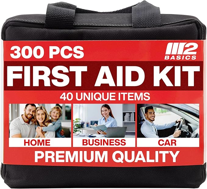 M2 BASICS Premium 300-Piece Emergency First Aid Kit (40 Unique Items) for Home, Car, Business, Travel & Outdoors – Durable Carry Bag, Medical Supplies for Camping & Sports