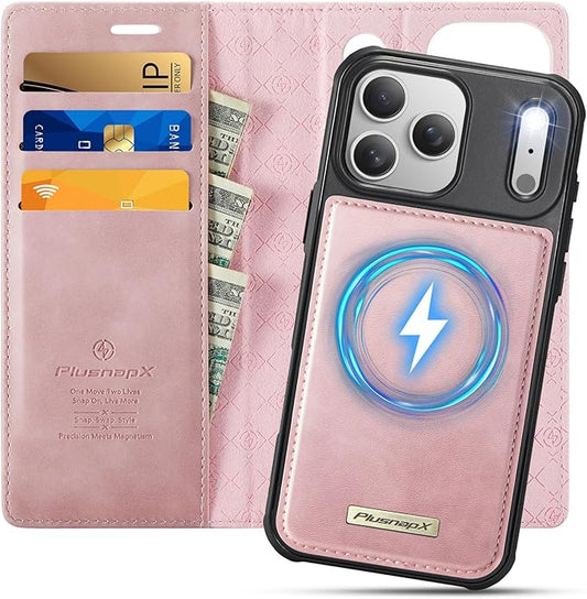 PlusnapX Wallet Case for iPhone 17 Pro Max Compatible with Magsafe, 2-in-1 PU Leather Flip RFID Blocking Card Holder Stand Shockproof Magnetic Detachable Cover for iPhone 17 Pro Max Case 6.9", Pink