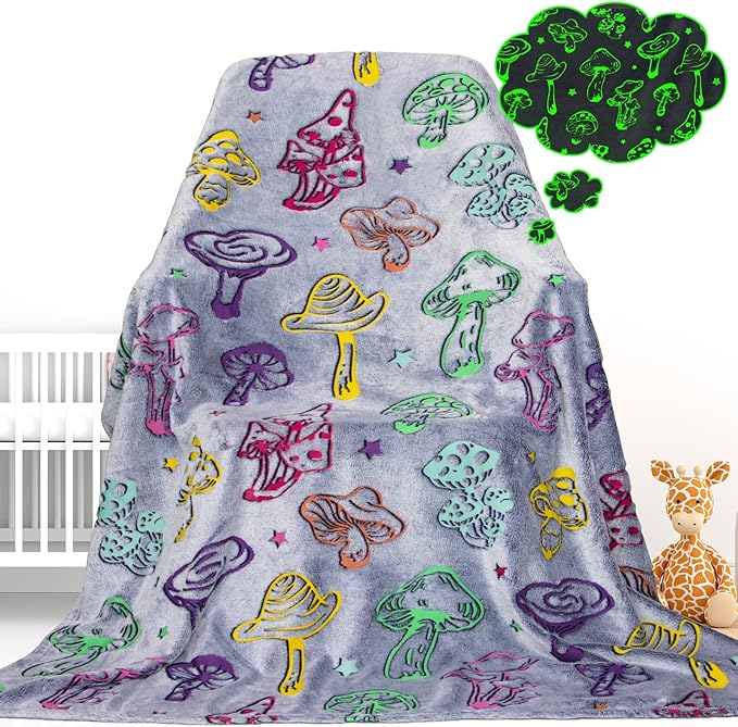 Glow in The Dark Mushroom Blanket for Adults - Soft Fleece Plush Mushrooms Throw Blanket for Bed Couch, Cottagecore Home Decor Cute Stuff Mushroom Gifts for Women 80"x60"