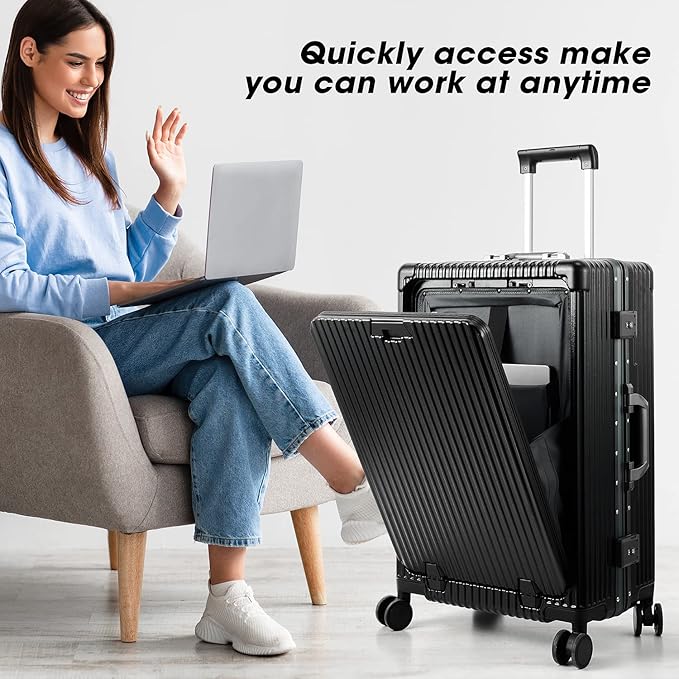 MRPLUM Front Pocket Carry On Luggage,PC Hardside Spinner Wheel Suitcase with TSA Lock,Cup Holder,Phone Holder&USB Charging Port,Black(1 Piece)