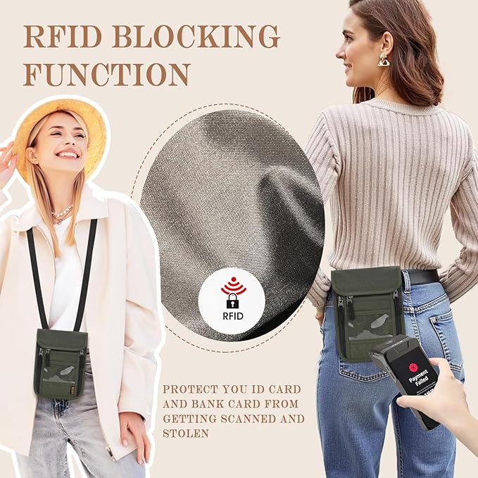 Passport Holder for Travel, Neck Pouch Travel Wallet With RFID Blocking, Waterproof Lightweight Passport Wallet for Women and Men (Army Green)