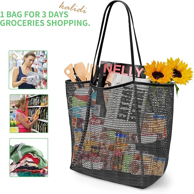 KALIDI BeachNylon Mesh Tote Bag, Casual Tote Bag Hobo Women Foldable MAX 23L Shoulder Bag For Beach Picnic Vacation