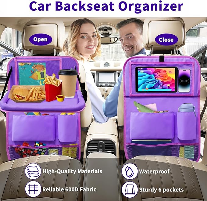 Etre Jeune Car Backseat Organizer with Tray, Seat Back Table Holder with 6 Storage Pockets, Car Seat Back Protectors Kick Mats Travel Accessories, 1 Pc Purple