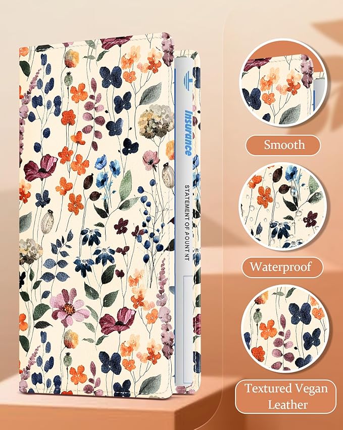 Slohif Car Registration and Insurance Holder - Plant Vehicle Glove Box Organizer Women with Magnetic Shut Leather Automobile License Holders Coasters Auto Accessories Case for Document