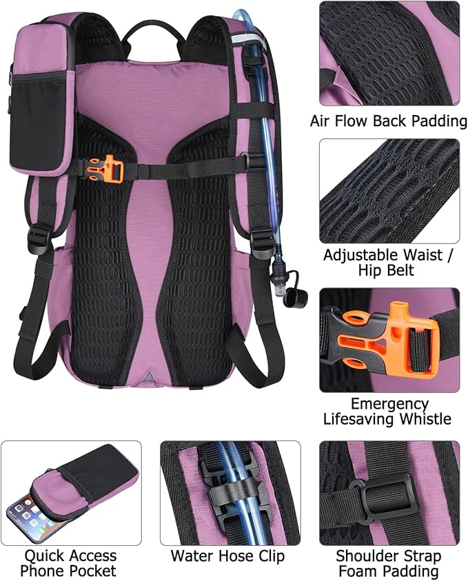 NOOLA Hydration Backpack with 3L Water Bladder - 22L Water Backpack for Hiking, Cycling, Running, Biking - Lightweight Hiking Pack Bag with Rain Cover, Phone Holder and Trekking Pole Holders, Purple