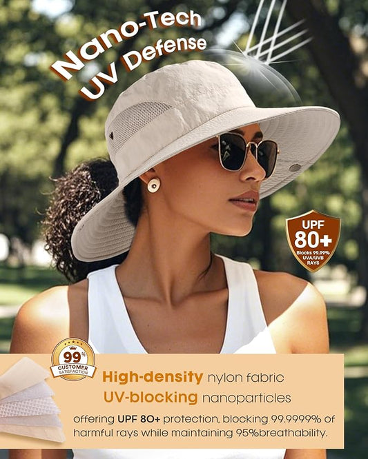 FURTALK Womens Sun Hat with Ponytail Hole Beach Hiking Summer Wide Brim UPF 80+ Outdoor Protection Foldable Bucket Hat