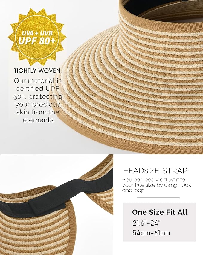 FURTALK Sun Hats for Women Wide Brim Beach Hat Straw Visor Ponytail Summer UV Packable Foldable Beach Vacation Essentials