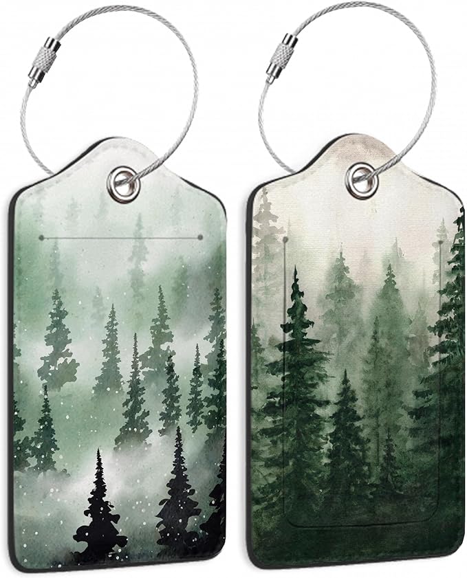 2 Pack Leather Luggage Tag for Suitcase Mysterious Forest Unique Travel Tags with Privacy Cover ID Label & Stainless Steel Loop for Men and Women Baggage