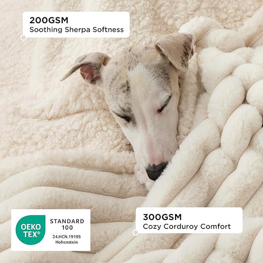 Bedsure Waterproof Dog Blankets for Small Dogs - Soft Puppy Cat Blanket Corduroy Fleece Washable, Cozy Calming Reversible Furniture Protection for Pet Kitten Doggy,25"x35", Cream