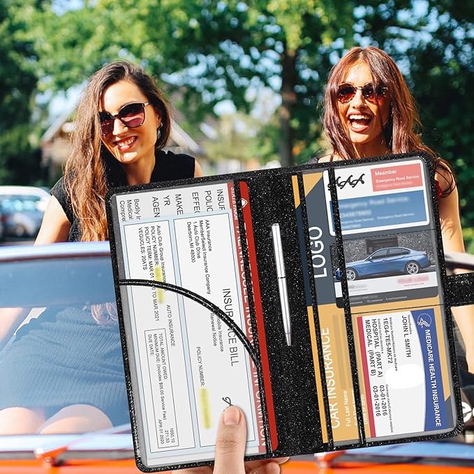 DMLuna Car Registration and Insurance Holder, Leather Vehicle Card Document Glove Box Organizer, Auto Truck Compartment Accessories for Essential Information, Driver License Cards, Glitter Black