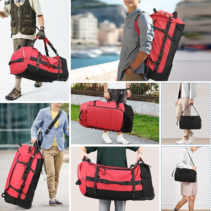 Rolling Duffle Bag with Wheels,86L 30”Folding Duffle Backpack with 2 Wheels,Travel Bag with Separate Shoe Compartment,Red