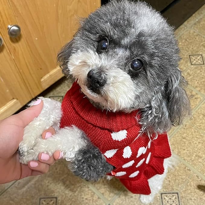 KYEESE Dog Sweater Dress with Leash Hole Polka Dot Turtleneck for Girl Dogs Sweaters Red Knit Pullover with Pom Pom Ball