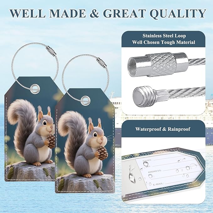 Luggage Tag, Cute Personalized Luggage Tags for Suitcases, Bag Tags for Backpacks Handbag School Instrument with Name ID Label Travel Essentials, Unique Fun Baggage Tags 2 Pack, Squirrel