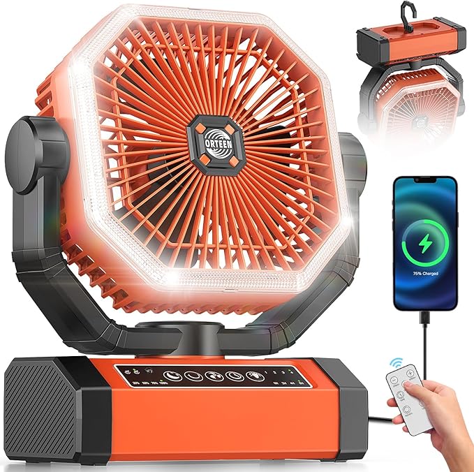 Battery Powered Fan - 9-Inch Rechargeable Fan Portable, 20000mAh(60Hrs) Camping Fans for Tent, Auto Oscillation Cordless, Tent Fans for Camping with Remote/light, 4 Speeds, 4 Timing, Outdoor