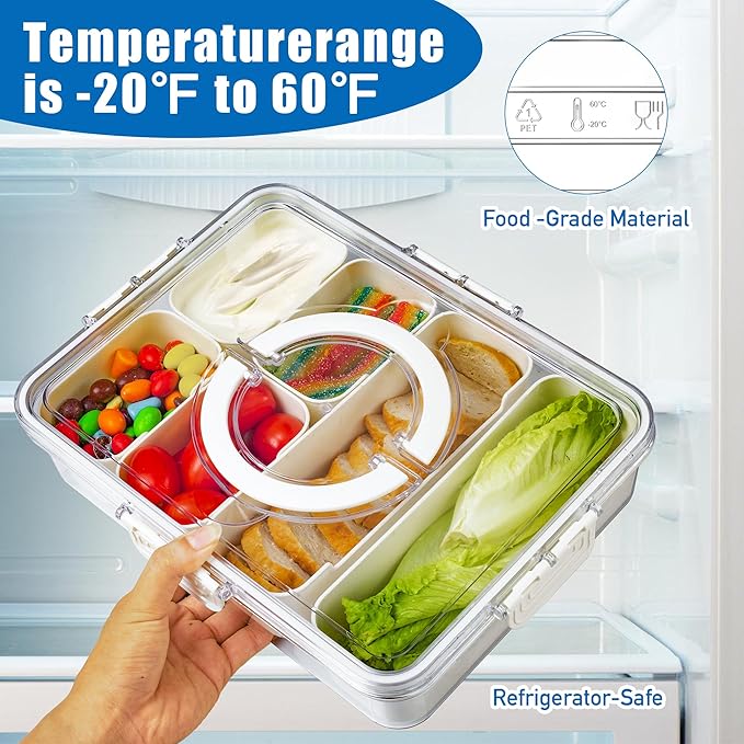 Bandesun Divided Serving Tray with Lid and Handle - Clear Organizer for Candy, Fruits, Nuts, Snacks - Snackle Box Charcuterie Container for Portable Snack Platters - Perfect for Party, Entertaining