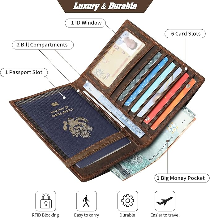 Genuine Leather Passport Holder, RFID Blocking Travel Wallet for Men & Women (Red Brown)