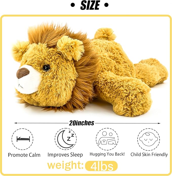 20" | 4 Pounds Weighted Stuffed Animals,Sensory Comfort Plush Throw Pillow Toy, Soft for Home & School, Kawaii Plushies Hugging Toy Gifts for Kids & Adults (Lion, 20 inch 4 Pounds)