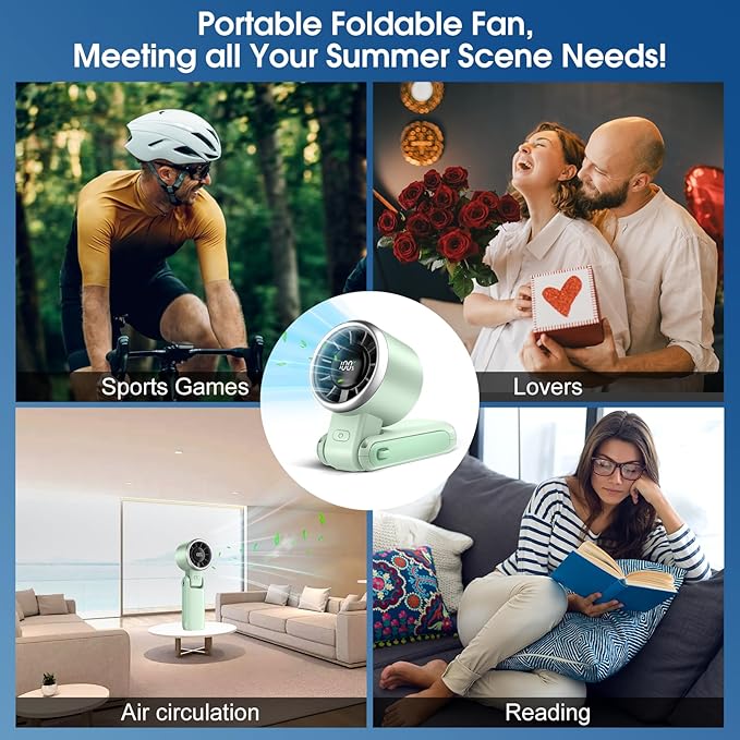 WHATOOK Portable Handheld Turbo Fan: Mini Fans with 5 Gear Wind, 4000mAh Battery Operated Rechargeable, Up to 12 Working Hours, 3 IN 1 Hand Fans for Outdoor, Travel, Working, Shopping (Green)