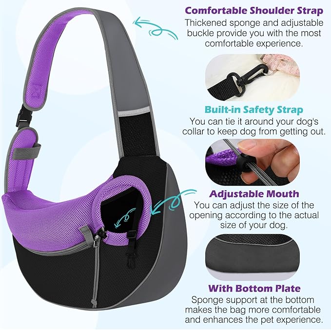 Pawaboo Dog Sling Carrier, Hand Free Breathable Mesh Bag for Puppy Cat, Drawstring Dog Papoose with Adjustable Strap and Pocket, Crossbody Satchel Dogs Purse for Outdoor Travel, S, Deep Purple
