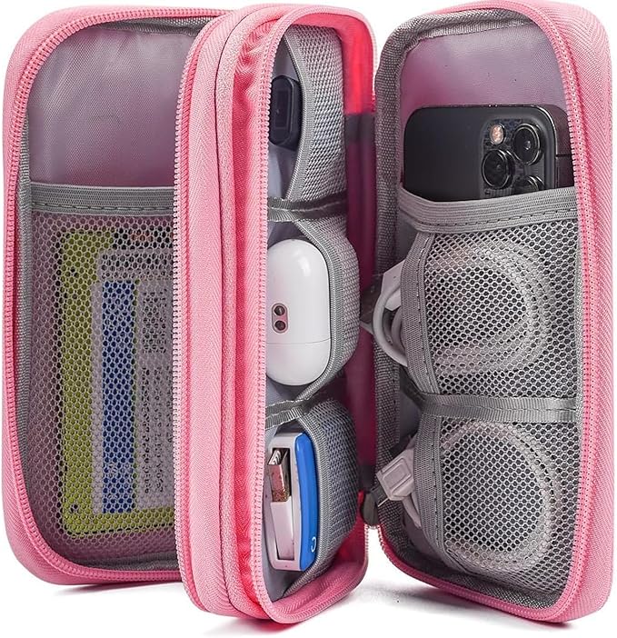 Portable Waterproof Double Layers Travel Cable Organizer Pouch Electronic Accessories Carry Case All-in-One Storage Bag for Cord, Charger, Phone, Earphone, Pink