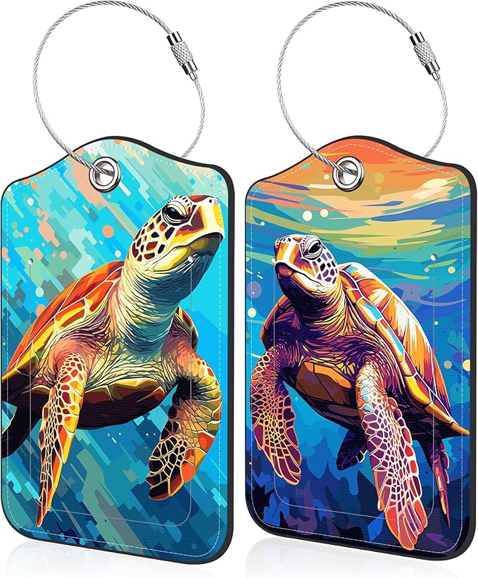Sea Turtle Luggage Tag for Suitcase 2 Pack Leather Luggage Tag with Privacy Flap Name ID Label and Metal Loop for Women Men Travel