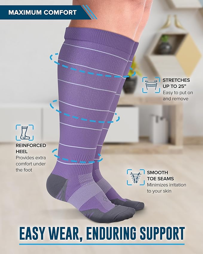 Doctor's Select Plus Size Compression Socks - 3 Pairs, Up to 6XL, Wide Calf, 20-30 mmHg, Blue, Pink, Purple (Stripes)